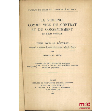 LA VIOLENCE COMME VICE DU CONTRAT ET DU CONSENTEMENT en droit comparé