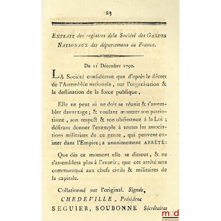 COMPTE RENDU PAR LA SOCIÉTÉ DES GARDES NATIONAUX À L’ARMÉE PARISIENNES, ET AUX 83 DÉPARTEMENS DE FRANCE ;RÉGLEMENT DE LA SOC...