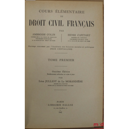 COURS ÉLÉMENTAIRE DE DROIT CIVIL FRANÇAIS, t. I, 11e éd.