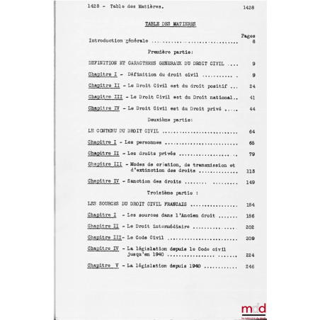 COURS DE DROIT CIVIL, Licence 1re année, 1946-1947