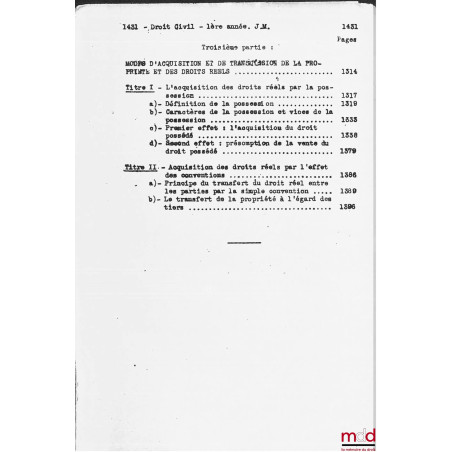 COURS DE DROIT CIVIL, Licence 1re année, 1946-1947