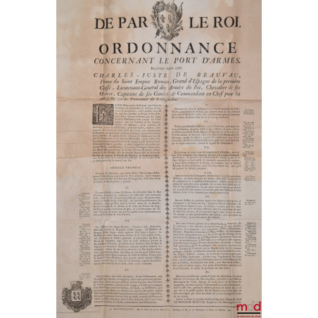 DE PAR LE ROI. ORDONNANCE CONCERNANT LE PORT D’ARMES. Du premier Juillet 1766. Charles-Juste de Beauvau