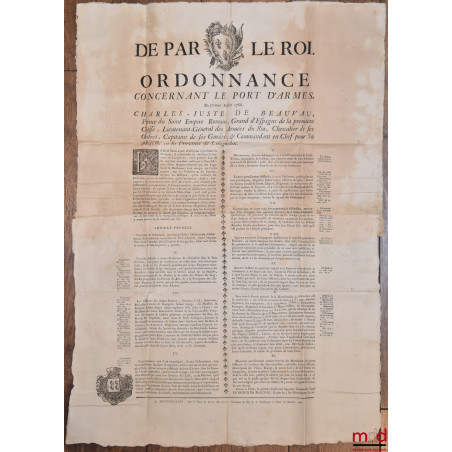 DE PAR LE ROI. ORDONNANCE CONCERNANT LE PORT D’ARMES. Du premier Juillet 1766. Charles-Juste de Beauvau