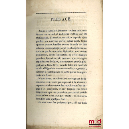 TRAITÉ DES CONTRATS ET DES OBLIGATIONS EN GÉNÉRAL SUIVANT LE CODE CIVIL