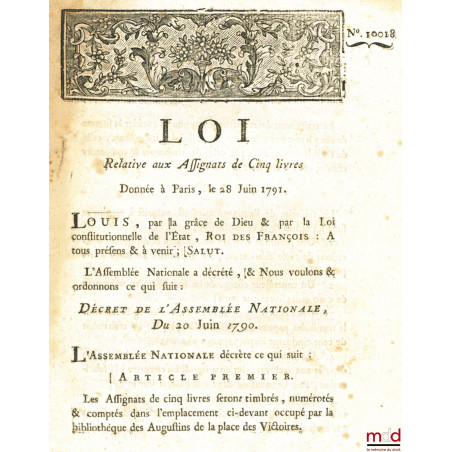 Loi RELATIVE AUX ASSIGNATS DE CINQ LIVRES. Donnée à Paris, le 28 Juin 1791, Département de la Nièvre, bull. n° 10018