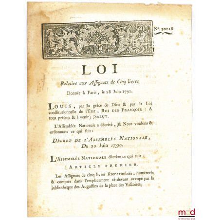 Loi RELATIVE AUX ASSIGNATS DE CINQ LIVRES. Donnée à Paris, le 28 Juin 1791, Département de la Nièvre, bull. n° 10018