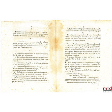 Loi RELATIVE AUX ASSIGNATS DE CINQ LIVRES. Donnée à Paris, le 28 Juin 1791, Département de la Nièvre, bull. n° 10018