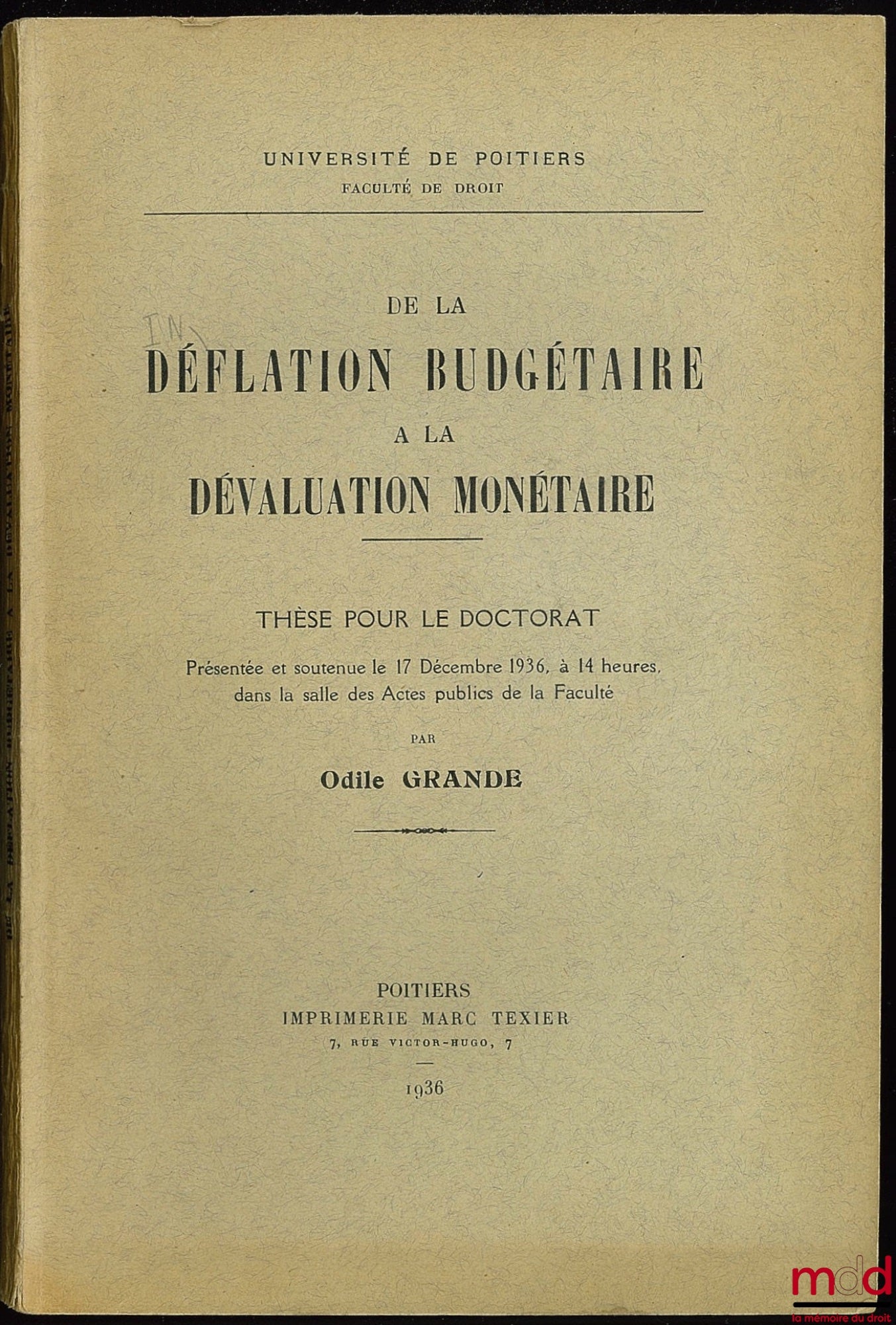 GRANDE (Odile) – DE LA DÉFLATION BUDGÉTAIRE À LA DÉVALUATION MONÉTAIRE, Université de Poitiers, Faculté de droit