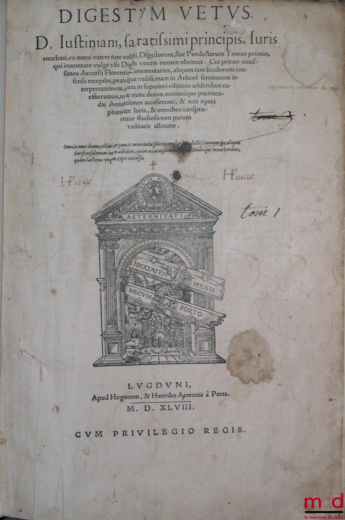 [Corpus juris civilis], ACCURSIUS, REBUFFUS (Pierre) – ENSEMBLE DE 4 TOMES DU CORPUS JURIS CIVILIS DE JUSTINIEN ISSUS DE 2 ÉDITIONS DIFFÉRENTES : TOME I : DIGESTUM VETUS. D. JUSTINIANI (…) JURIS ENUCLEATI, EX OMNI VETERE IURE COLLECTI, DIGESTORUM, SIVE PA