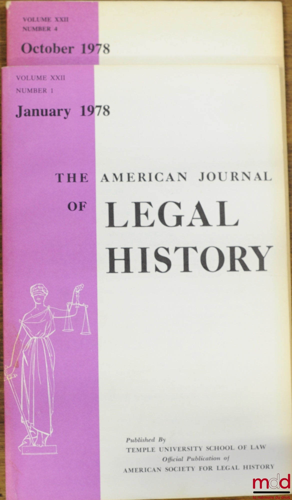 [Périodique] – THE AMERICAN JOURNAL OF LEGAL HISTORY, janvier et octobre 1978, vol. XXII, n° 1 (et n° 4, The roman law of marriage)