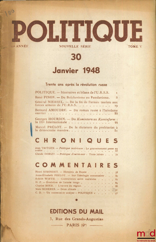 [Périodique] – POLITIQUE n° 30, 22ème année, tome V, Janvier 1948