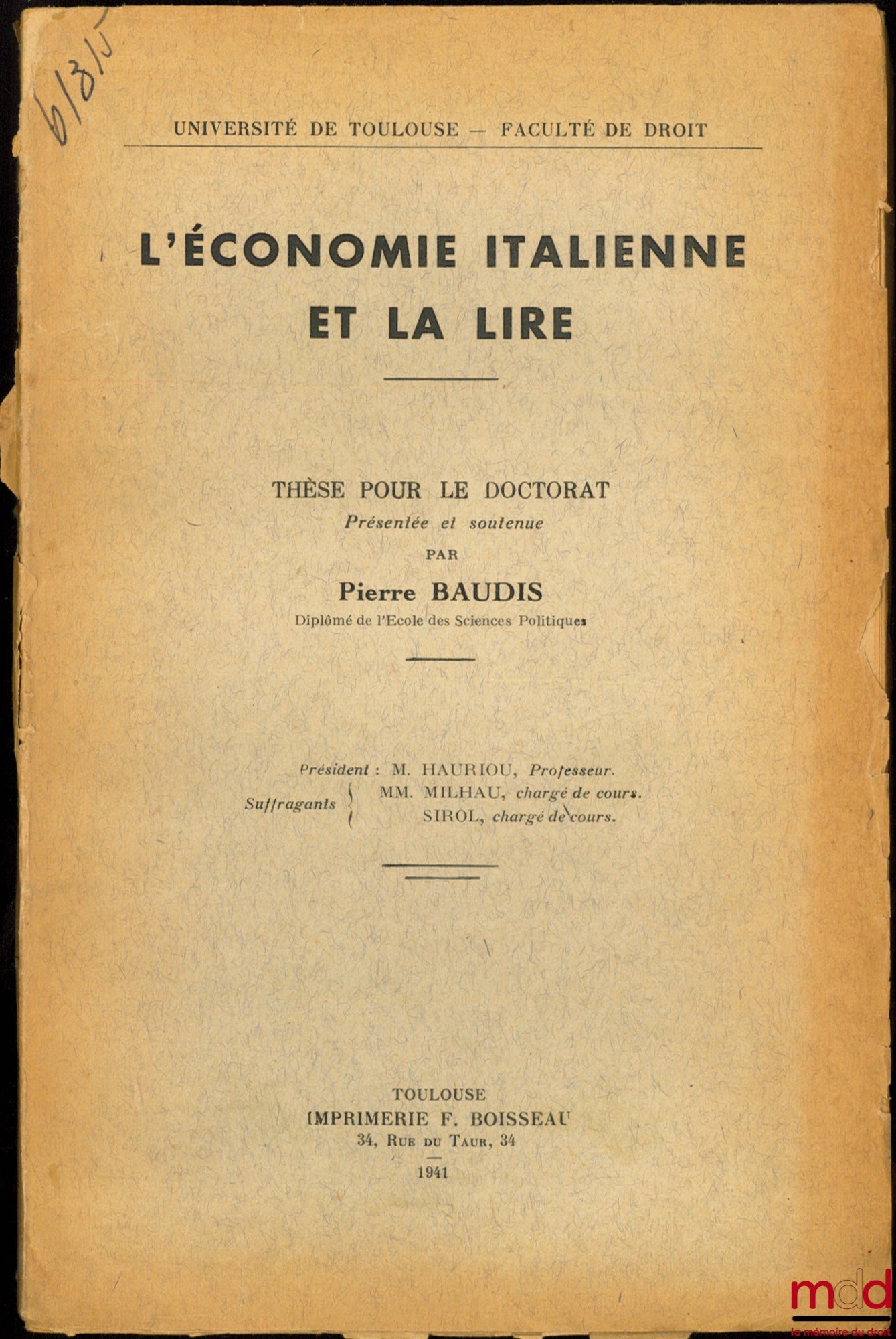BAUDIS (Pierre) – L’ÉCONOMIE ITALIENNE ET LA LIRE, Université de Toulouse - Faculté de droit