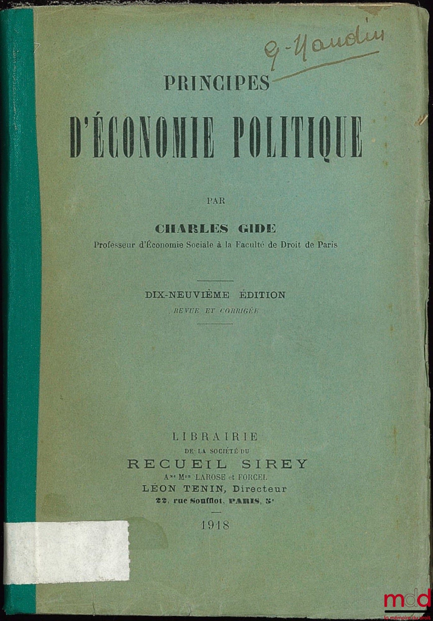 GIDE (Charles) – PRINCIPES D’ÉCONOMIE POLITIQUE, 19e éd. revue et corrigée