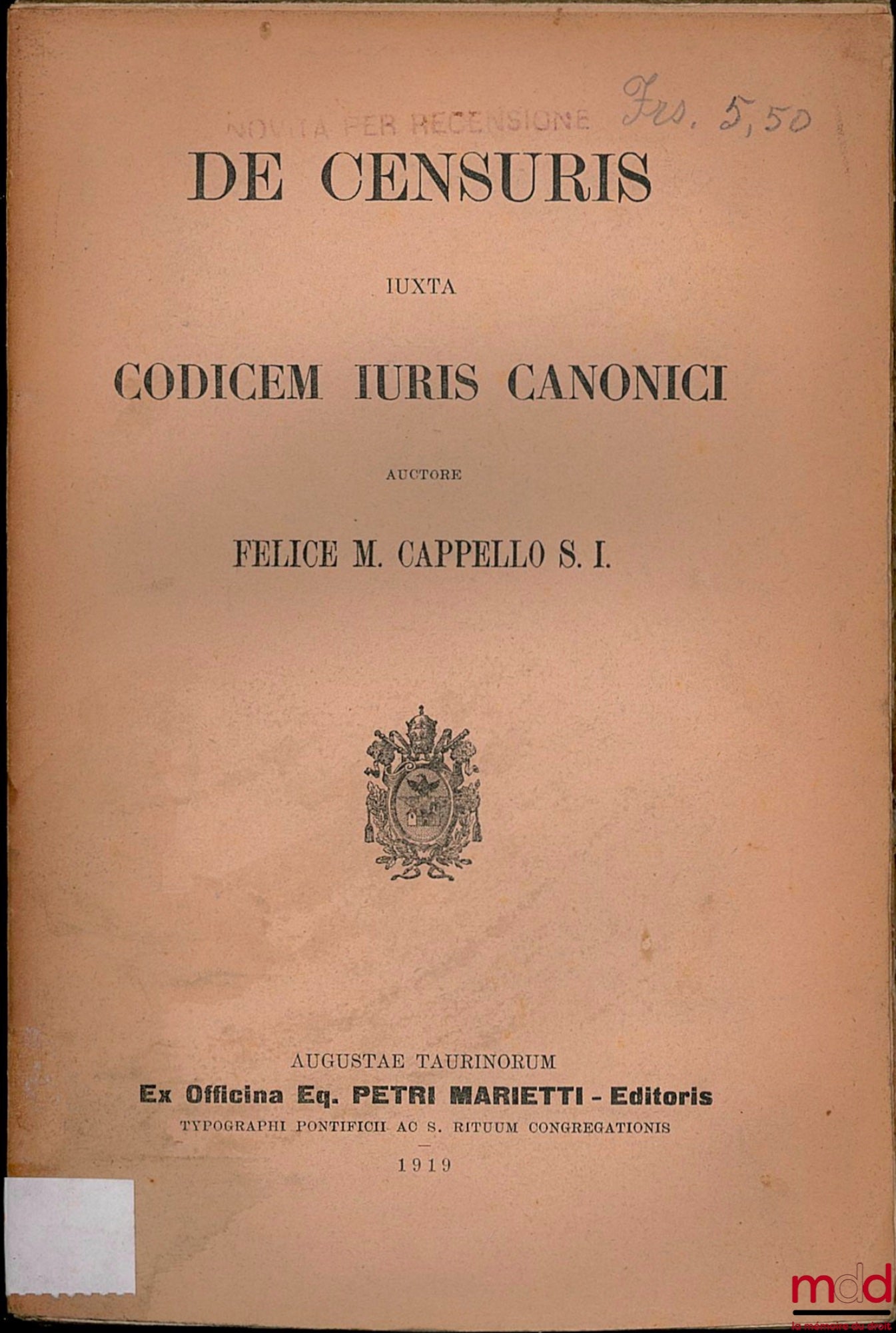 CAPPELLO (Felice M.) – DE CENSURIS IUXTA CODICEM IURIS CANONICI