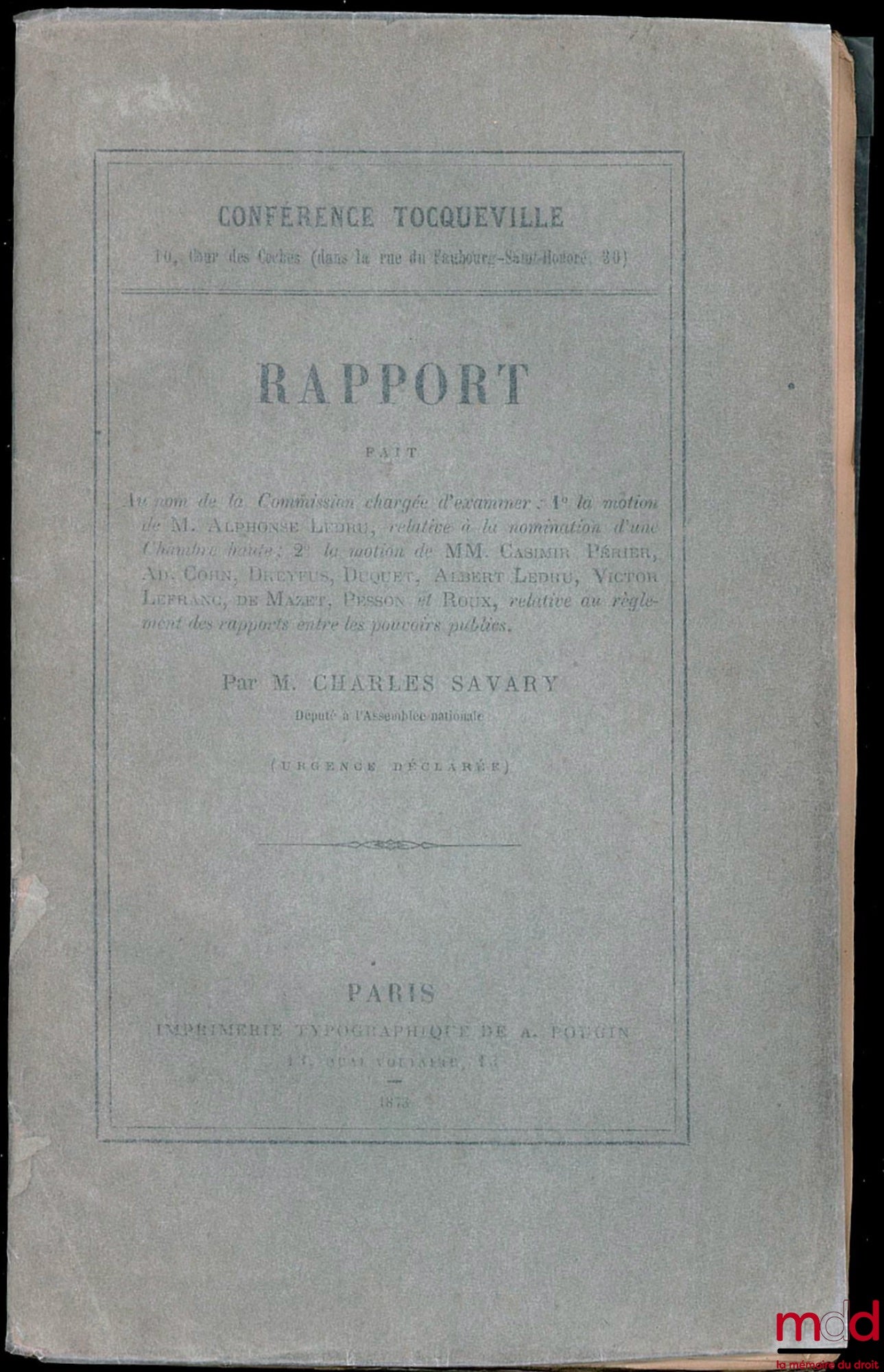 SAVARY (Charles) – RAPPORT DE LA SESSION 1873 n° 15