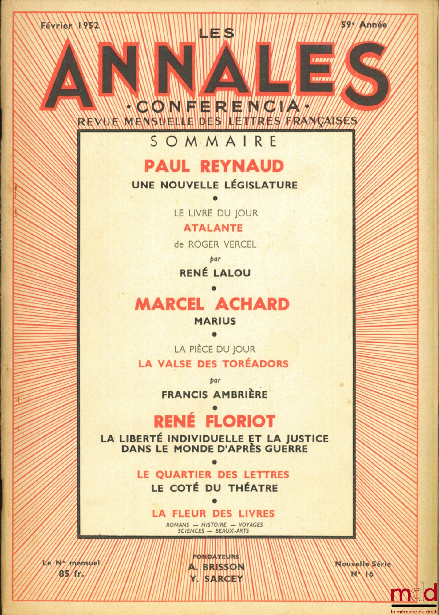 [Périodique] – LES ANNALES - Conferencia - Revue mensuelle des lettres françaises, février 1952
