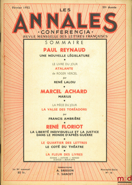 [Périodique] – LES ANNALES - Conferencia - Revue mensuelle des lettres françaises, février 1952