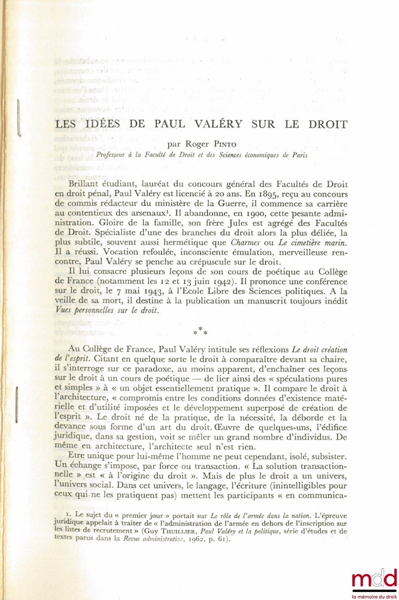 PINTO (Roger) – PAUL VALÉRY'S IDEAS ON LAW
