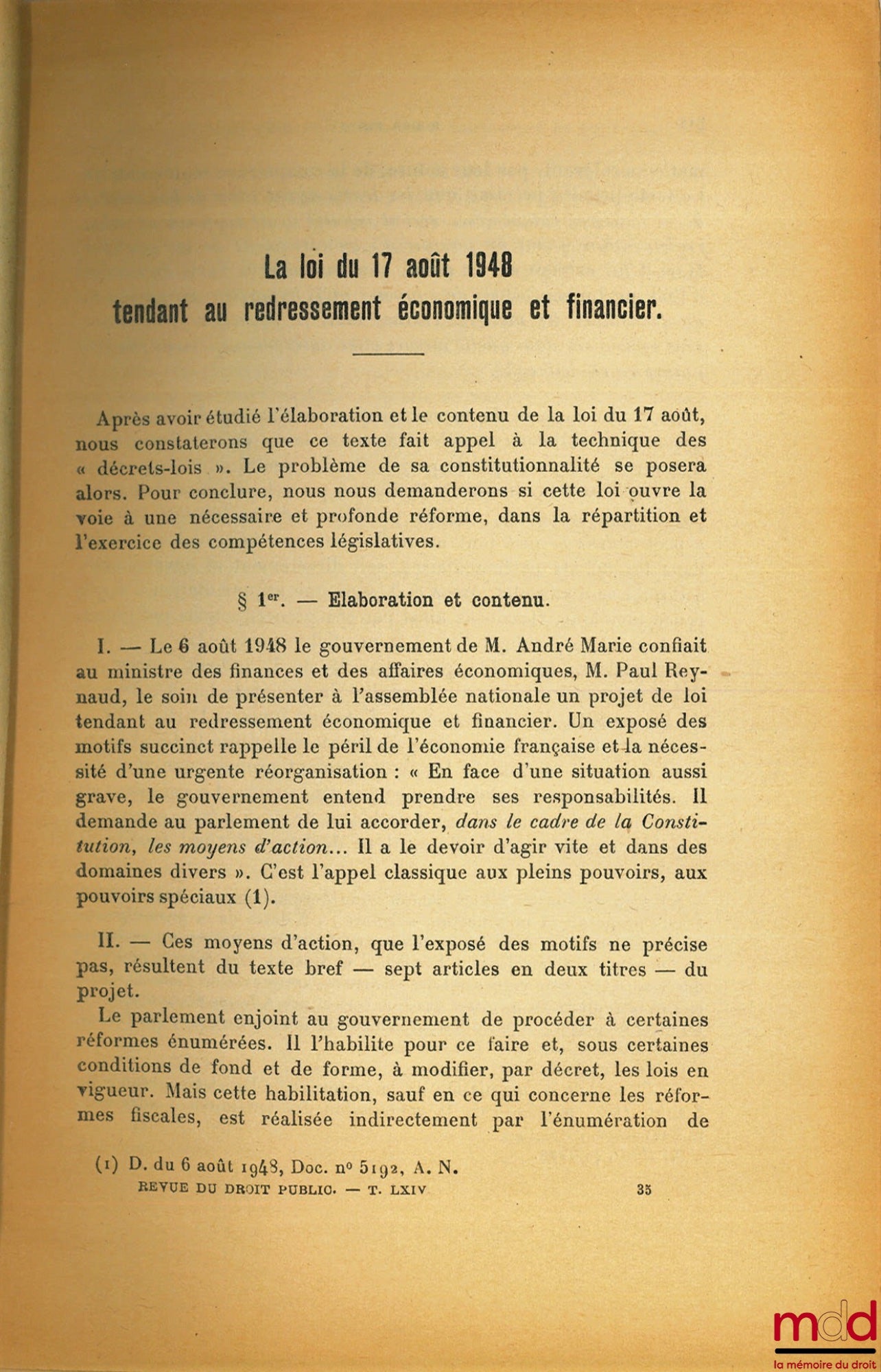 PINTO (Roger) – THE LAW OF AUGUST 17, 1948 AIMED AT ECONOMIC AND FINANCIAL RECOVERY, extract from the Revue du droit public, vol. LXIV