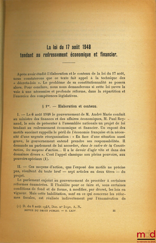 PINTO (Roger) – THE LAW OF AUGUST 17, 1948 AIMED AT ECONOMIC AND FINANCIAL RECOVERY, extract from the Revue du droit public, vol. LXIV