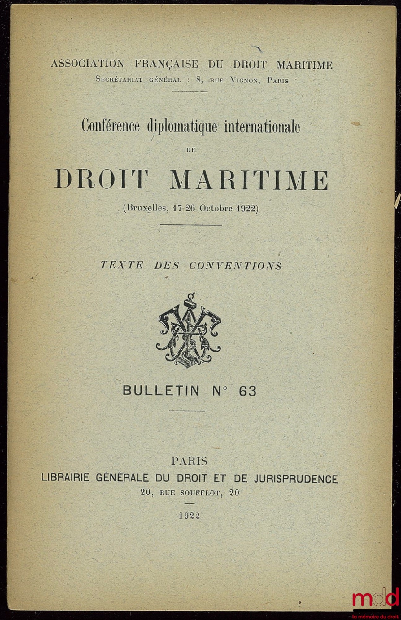 [Association Française de Droit Maritime] – Bulletins n° 58 à 63 et n° 69 et Statuts de l’Association révisés en 1931