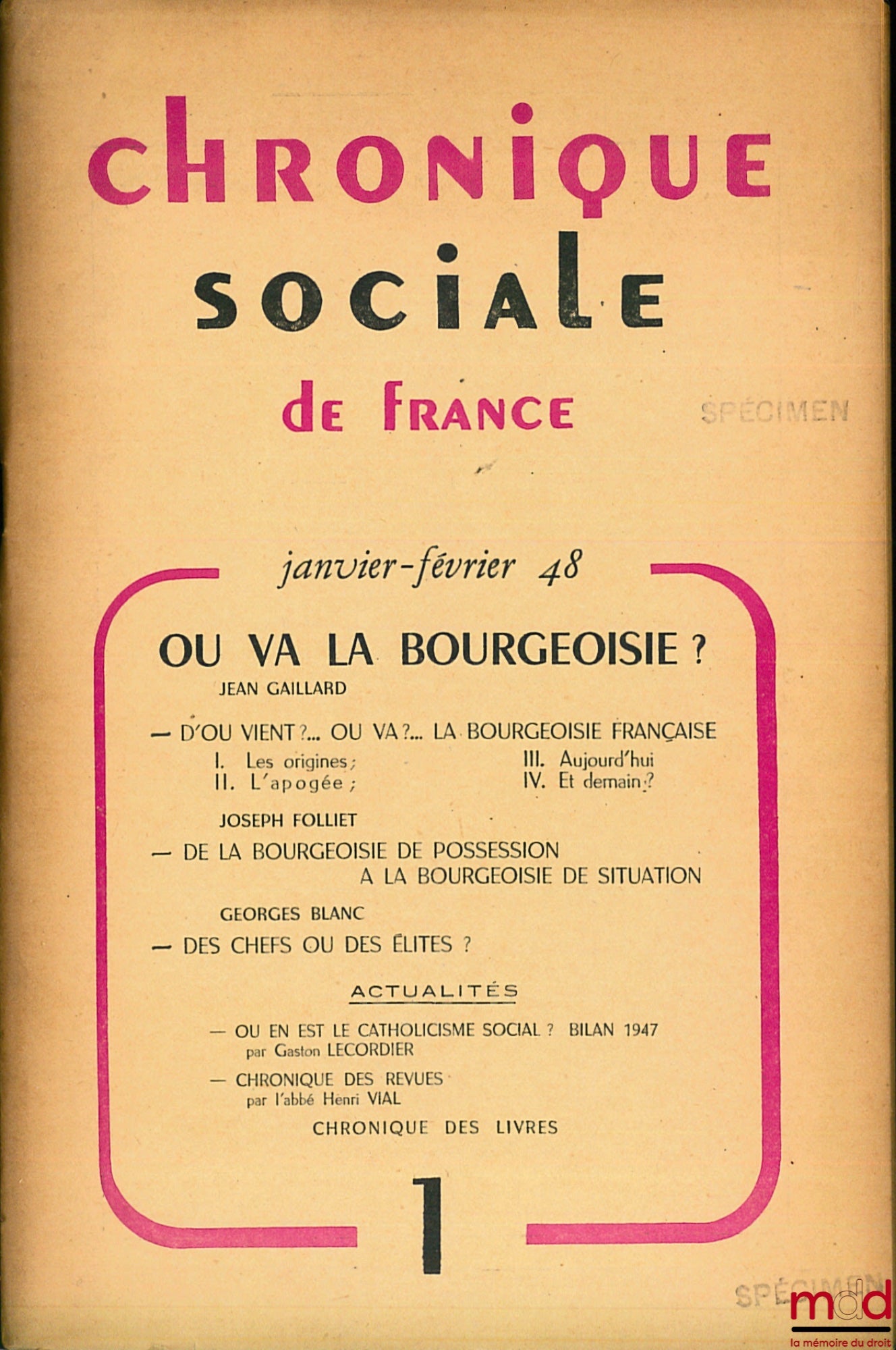 [Collectif] – CHRONIQUE SOCIALE DE FRANCE, n° 1 (janvier-février 1948) : OÙ VA LA BOURGEOISIE ?