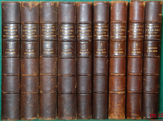 [Périodique], DUCHESNE (Émile), DUCHESNE (Albert) et LALLEMANT (Louis) – TABLES ANALYTIQUE DES ARRÊTS DE LA COUR DE CASSATION RENDUS EN MATIÈRE CRIMINELLE : 1)° depuis le 1er Vendémiaire, an VII (1798) jusqu’au 31 décembre 1856, avec Appendice 4 t. + 1) ;