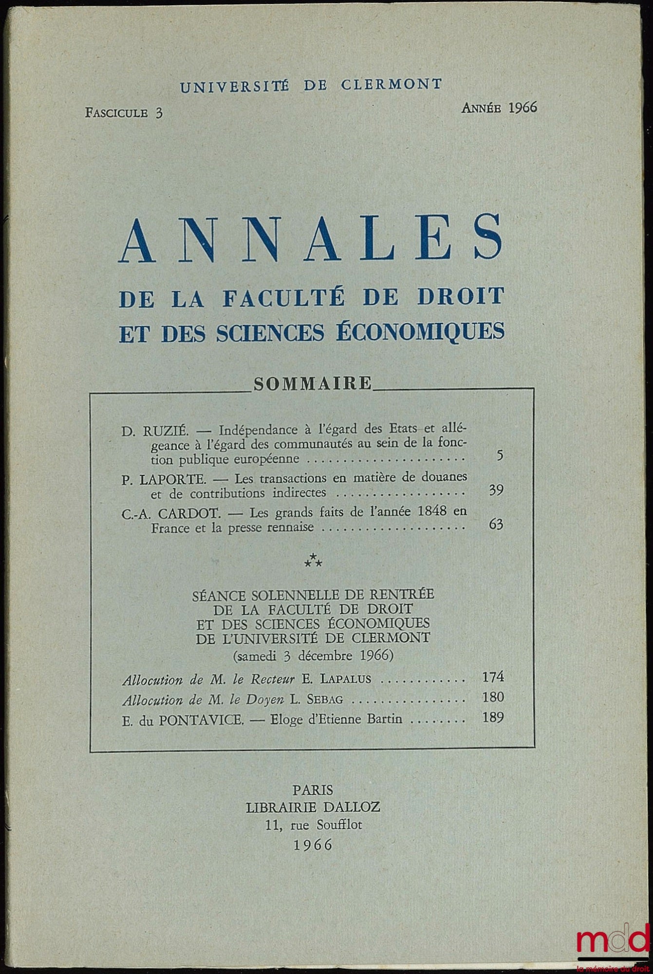 Annales de la Faculté de droit et des sciences économiques, Université de Clermont, fasc. 3, année 1966