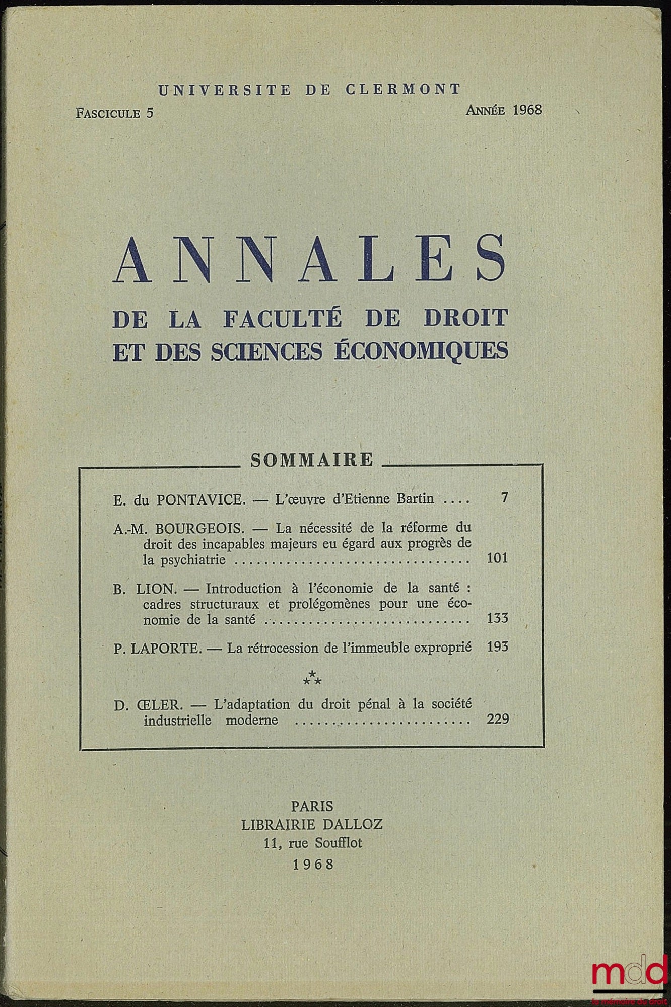 Annales de la Faculté de droit et des sciences économiques, Université de Clermont, fasc. 5, année 1968