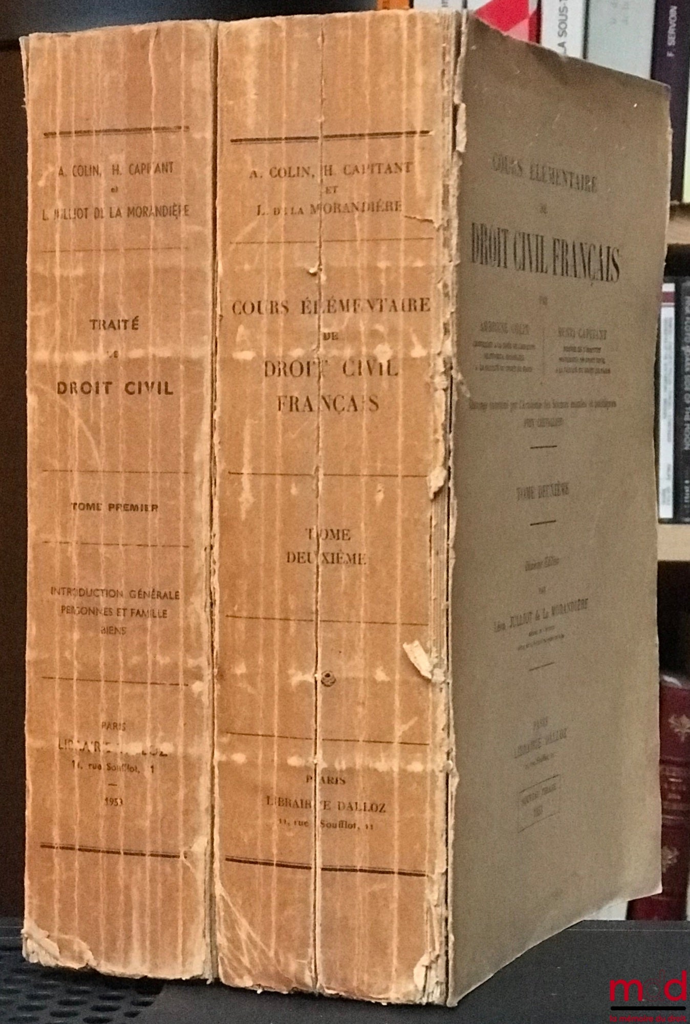 COLIN (Ambroise), CAPITANT (Henri) et JULLIOT DE LA MORANDIÈRE (Léon) – TRAITÉ ET COURS ÉLÉMENTAIRE DE DROIT CIVIL FRANÇAIS, t. 1 du Traité de droit civil refondu par L. J. de La M. avec mise à jour au 15 août 1954 ; t. 2 du Cours élémentaire, 2e éd. par