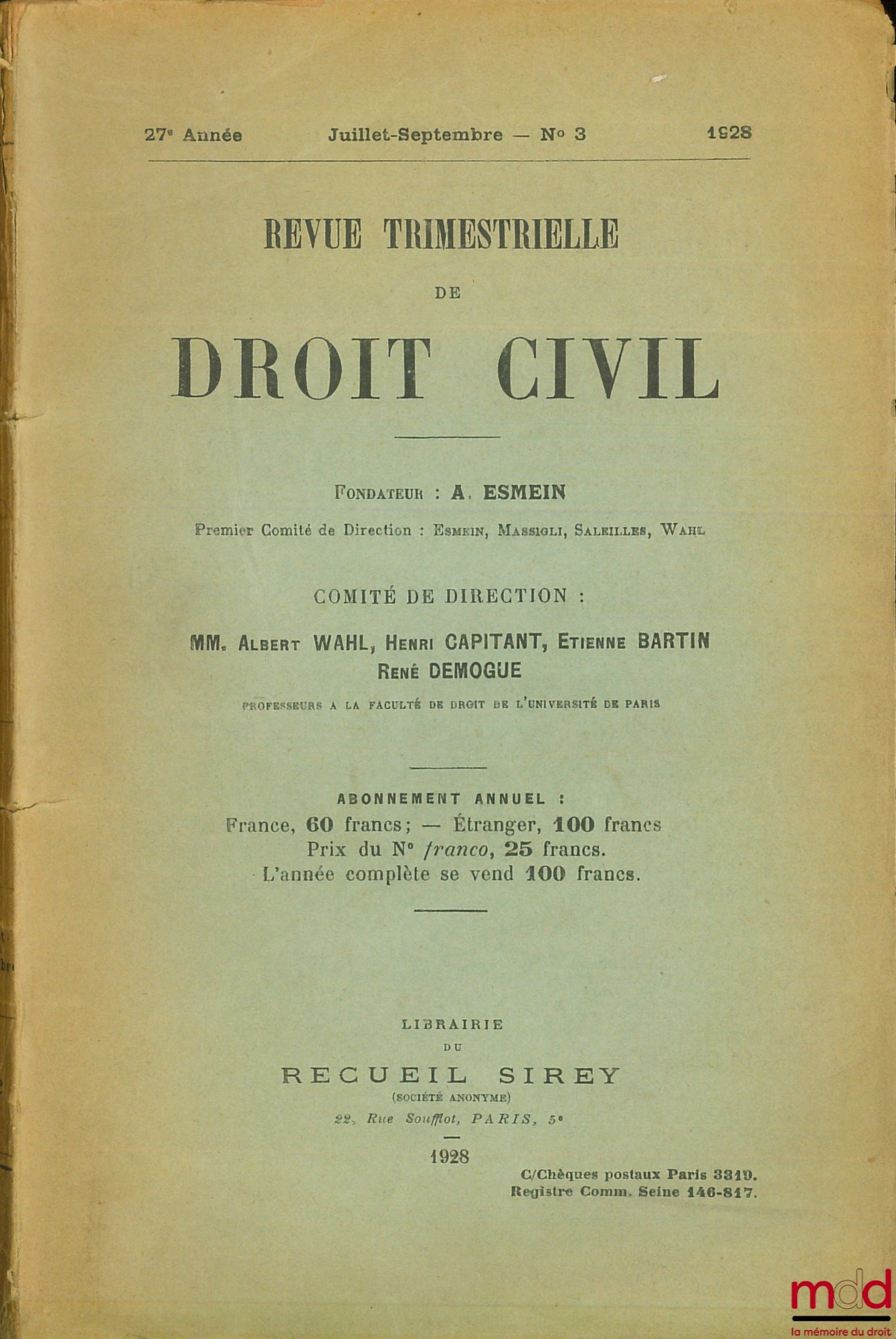 [Revue trimestrielle de droit civil] – Revue trimestrielle de droit civil, n° 3, juillet-sepembre 1928