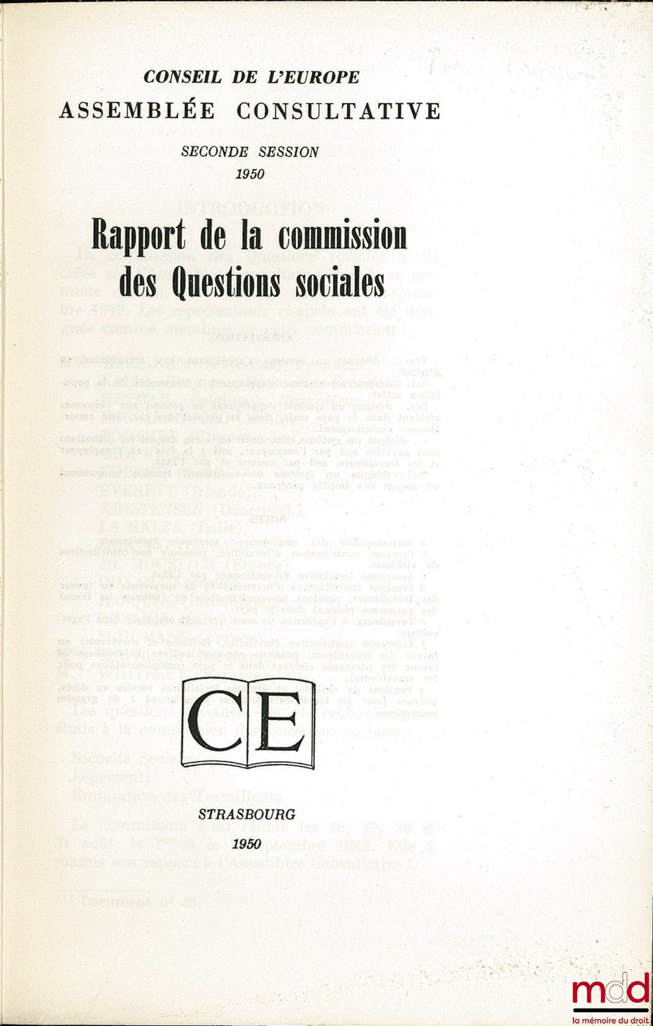 [Conseil de l’Europe] – RAPPORT DE LA COMMISSION DES AFFAIRES SOCIALES ADOPTÉ PAR LA COMMISSION LE 4 AVRIL 1950 de l’assemblée consultative