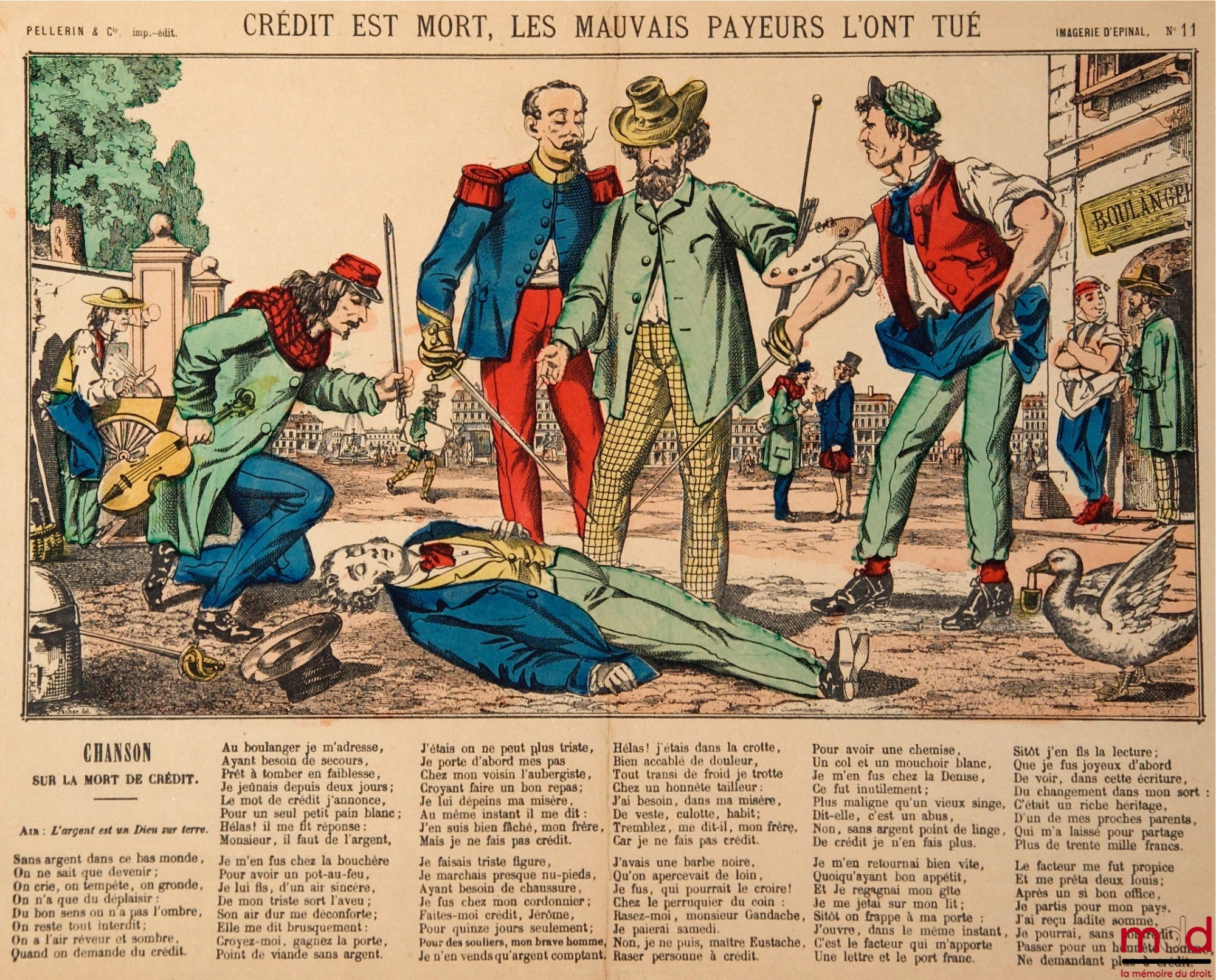 [Imagerie d’Épinal] – CRÉDIT EST MORT, LES MAUVAIS PAYEURS L’ONT TUÉ. Accompagné de la CHANSON SUR LA MORT DE CRÉDIT, Air : L’argent est un Dieu sur terre, lithographie par Pacher, Image d’Épinal n° 11