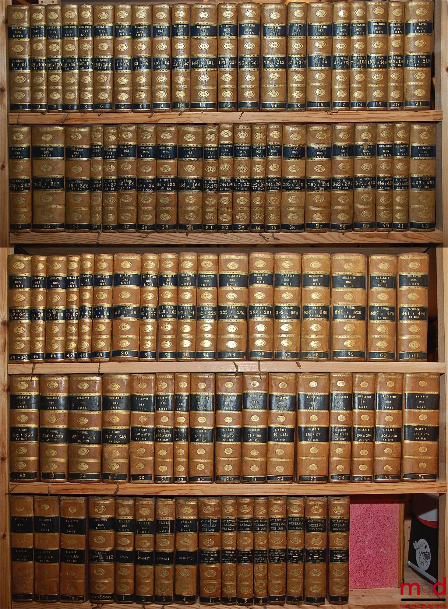 BULLETIN DES LOIS, Séries 1 à 8, An II à 1829, COMPLET avec les TABLES DES LOIS (4 vol.), LES CINQ CODES (1 vol.), LA COLLECTION GÉNÉRALE DES LOIS (Assemblée constituante, Assemblée législative et Convention nationale - 8 vol.), mai 1789 à 1794