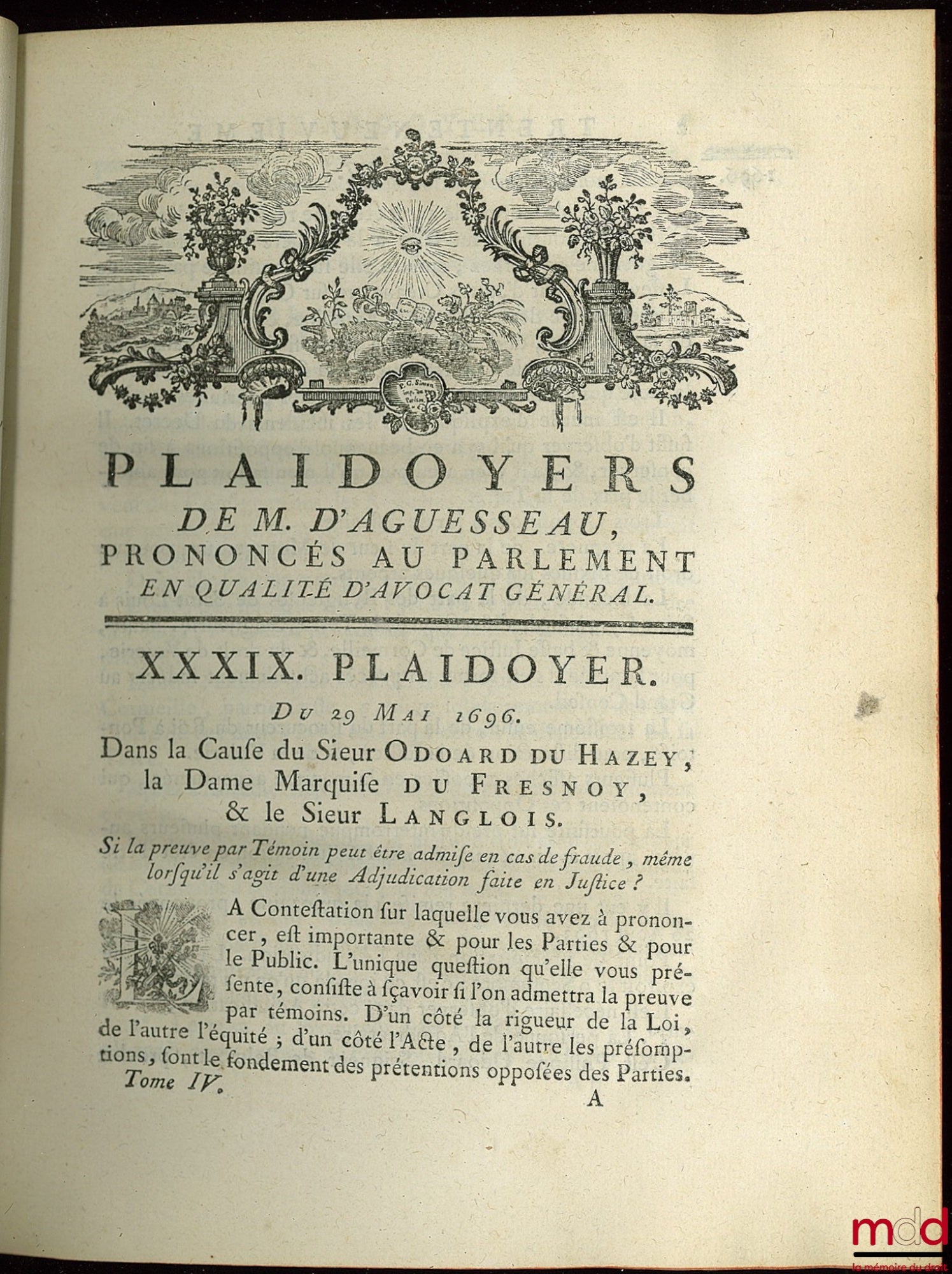 D’AGUESSEAU (Henri François) – ŒUVRES CHOISIES DE D’AGUESSEAU, CHANCELIER DE FRANCE CONTENANT  t. I : Les Discours pour l’ouverture des audiences, Les Mercuriales, Les Réquisitoires et autres discours faits en différentes occasions, Les Instructions sur l