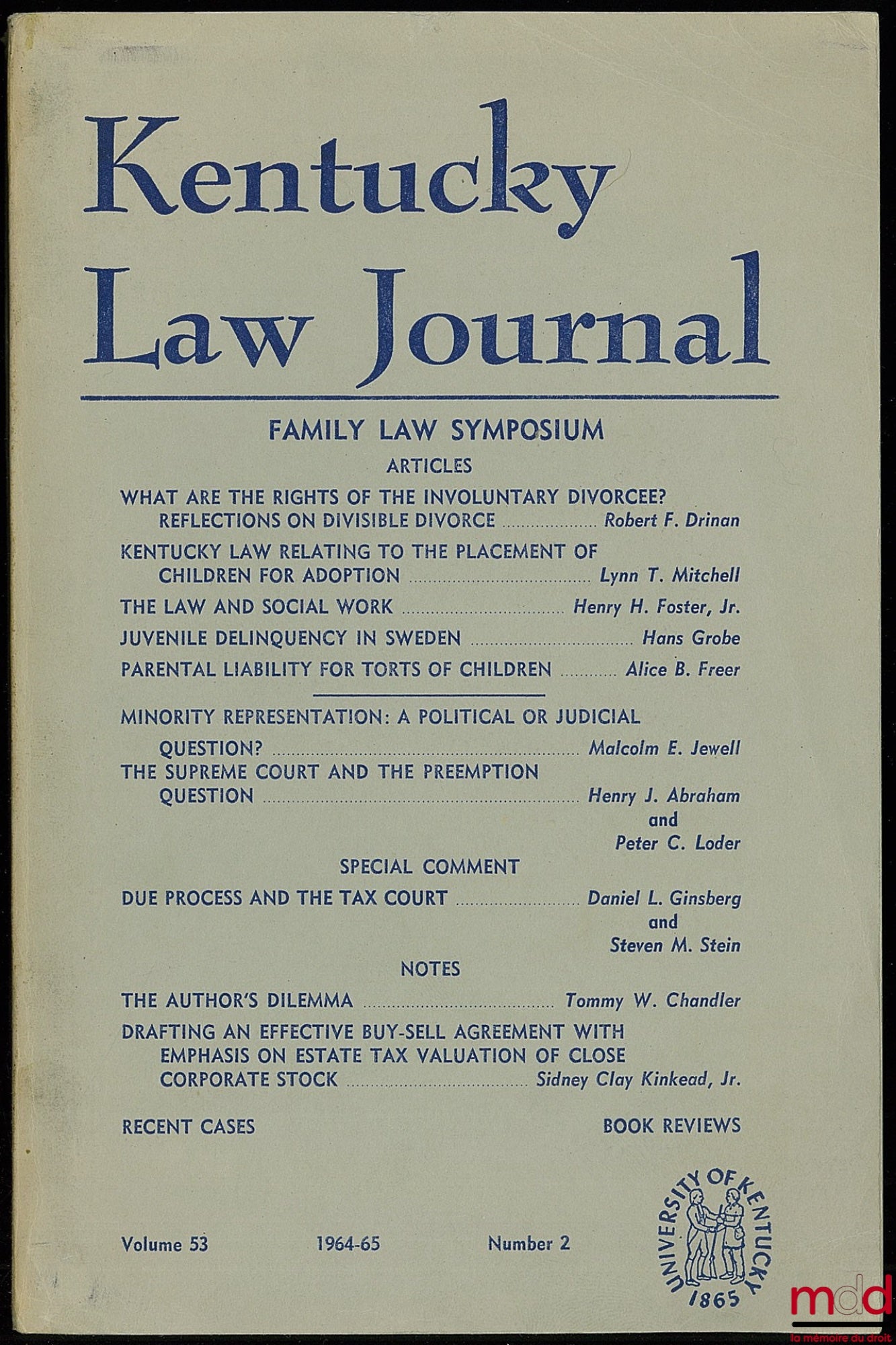 KENTUCKY LAW JOURNAL, Family law symposium, vol. 53, number 2, 1964-1965