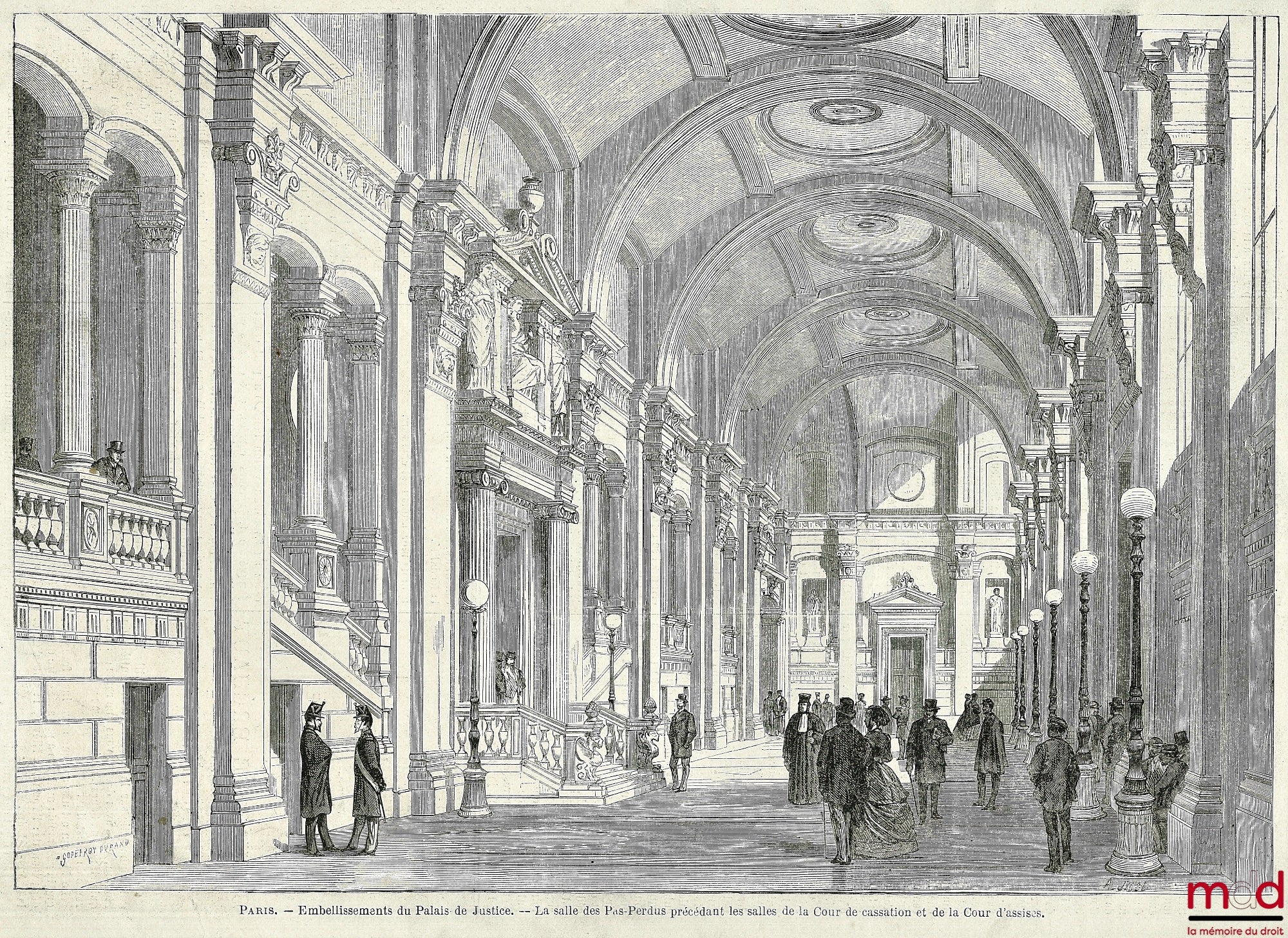 EMBELLISSEMENT DU PALAIS DE JUSTICE : LA SALLE DES PAS-PERDUS précédant les salles de la Cour de cassation et de la Cour d’assises, Le Monde illustré, 1868, p. 357