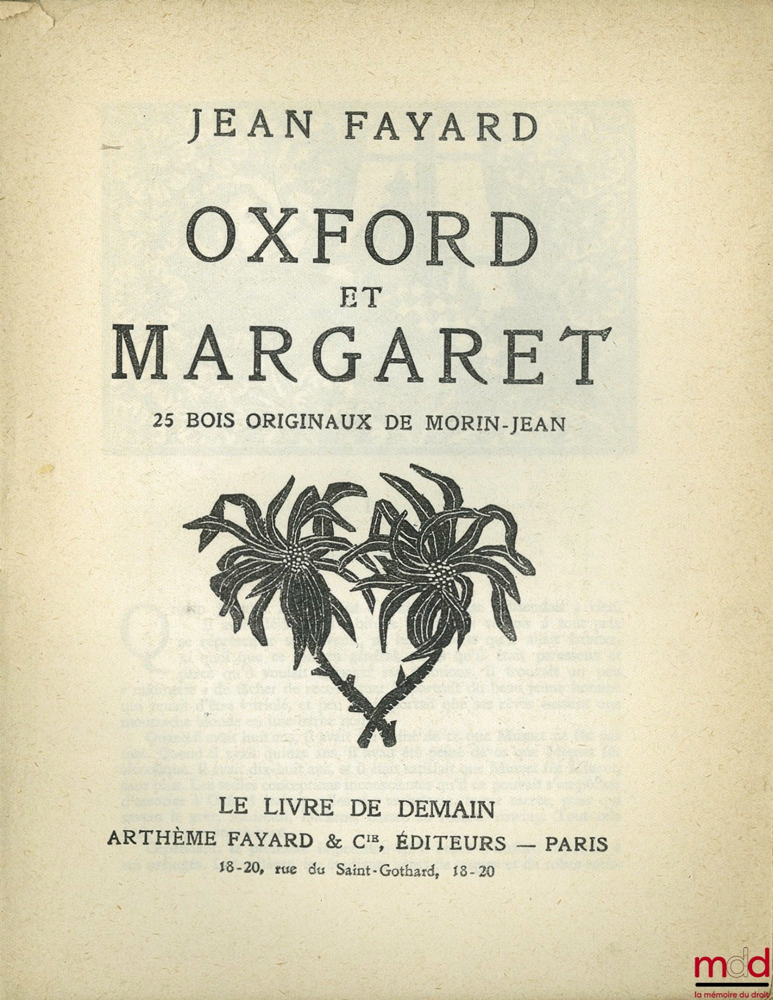 TROYAT (Henri) – OXFORD AND MARGARET, 25 Original woodcuts by Morin-Jean, Coll. Le livre de demain n° 65