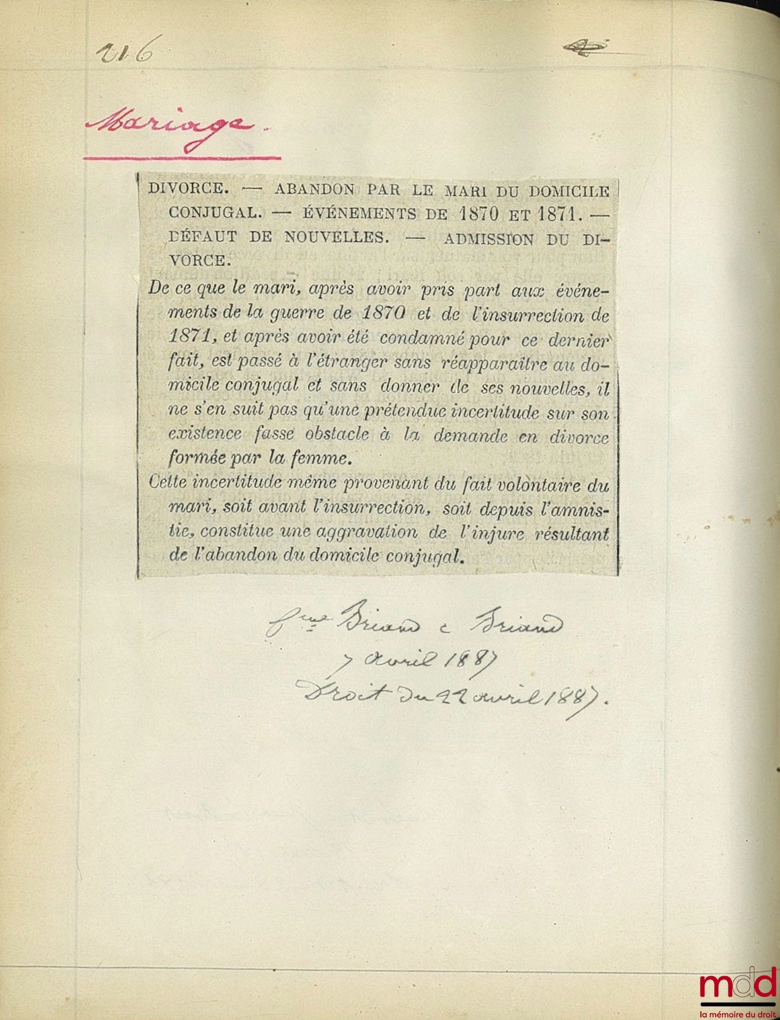 JURISPRUDENCE DE LA 1re CHAMBRE DE LA COUR D’APPEL [IMPÉRIALE] DE PARIS [1863-1898] : 1er vol. : 1863 à 1868 ; 2e vol. : 1869 à 1873 ; 3e vol. : 1874 à 1878 ; 4e vol. : 1879 à 1889 [fini à 1882] ; 5e vol. : 1884 à 1888 ; 6e vol. : 1889 à 1893 ; 7e vol. :