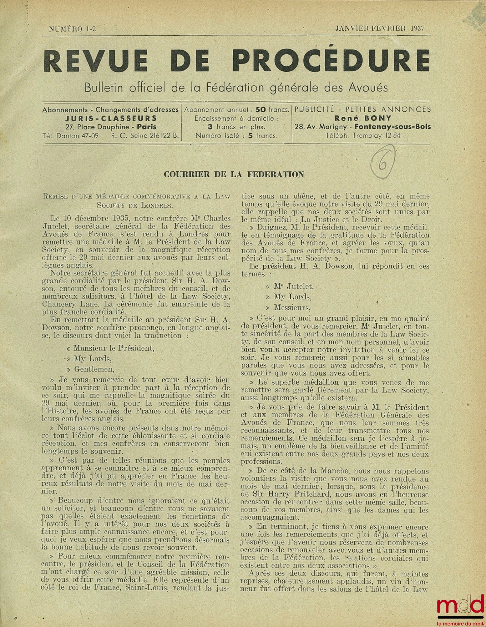 REVUE DE PROCÉDURE BULLETIN OFFICIEL DE LA FÉDÉRATION GÉNÉRALE DES AVOUÉS ; n° 1-2 de janvier-février 1937 à n° 1-2 de janvier-février 1940 [années 1937 à 1939 complètes, année 1940 1er n° seulement]