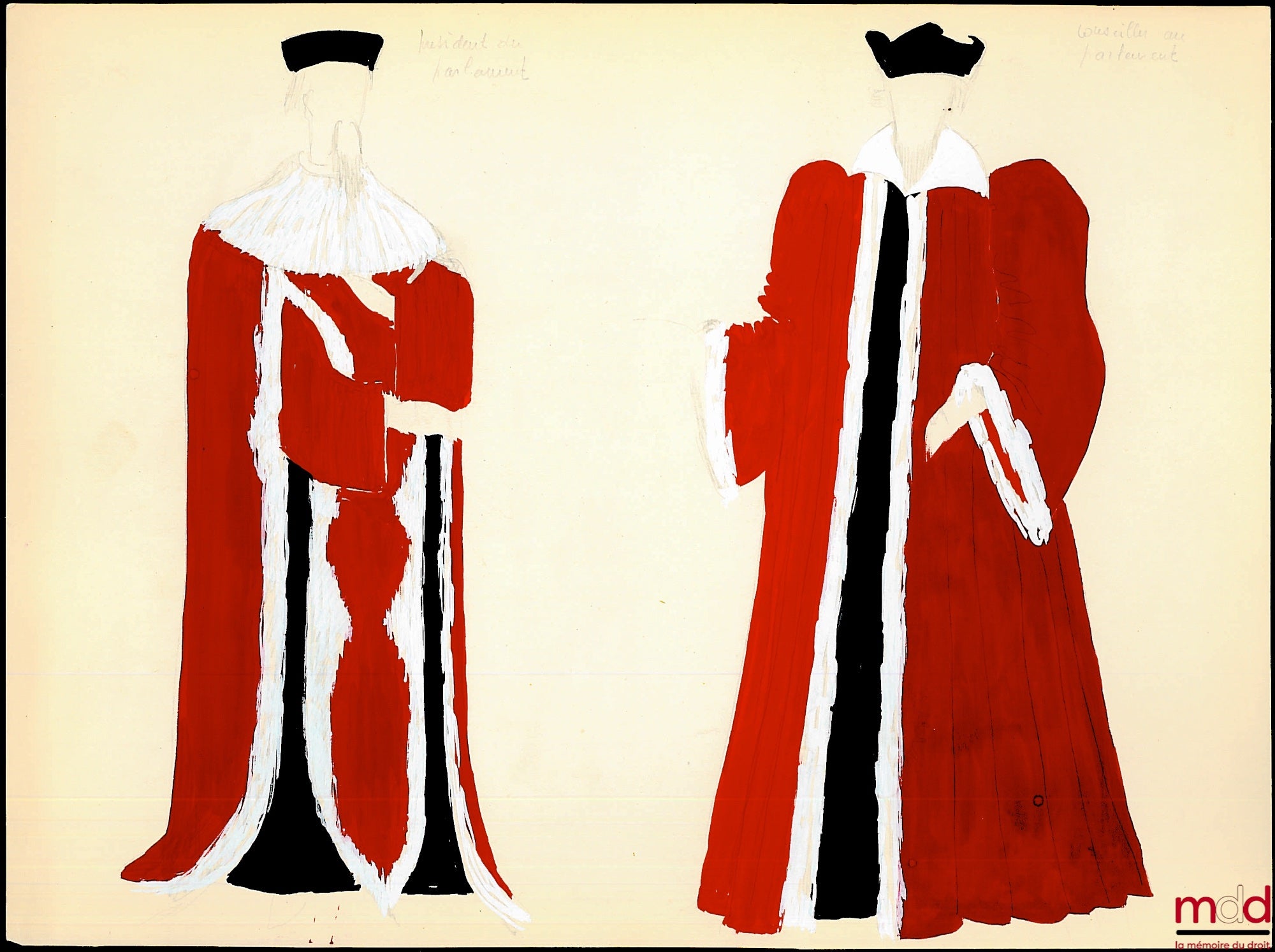 [Magistrat] – COSTUMES DE MAGISTRATS DE L’ANCIEN RÉGIME (président de Parlement / Conseiller au Parlement), projet de costumes de théatre