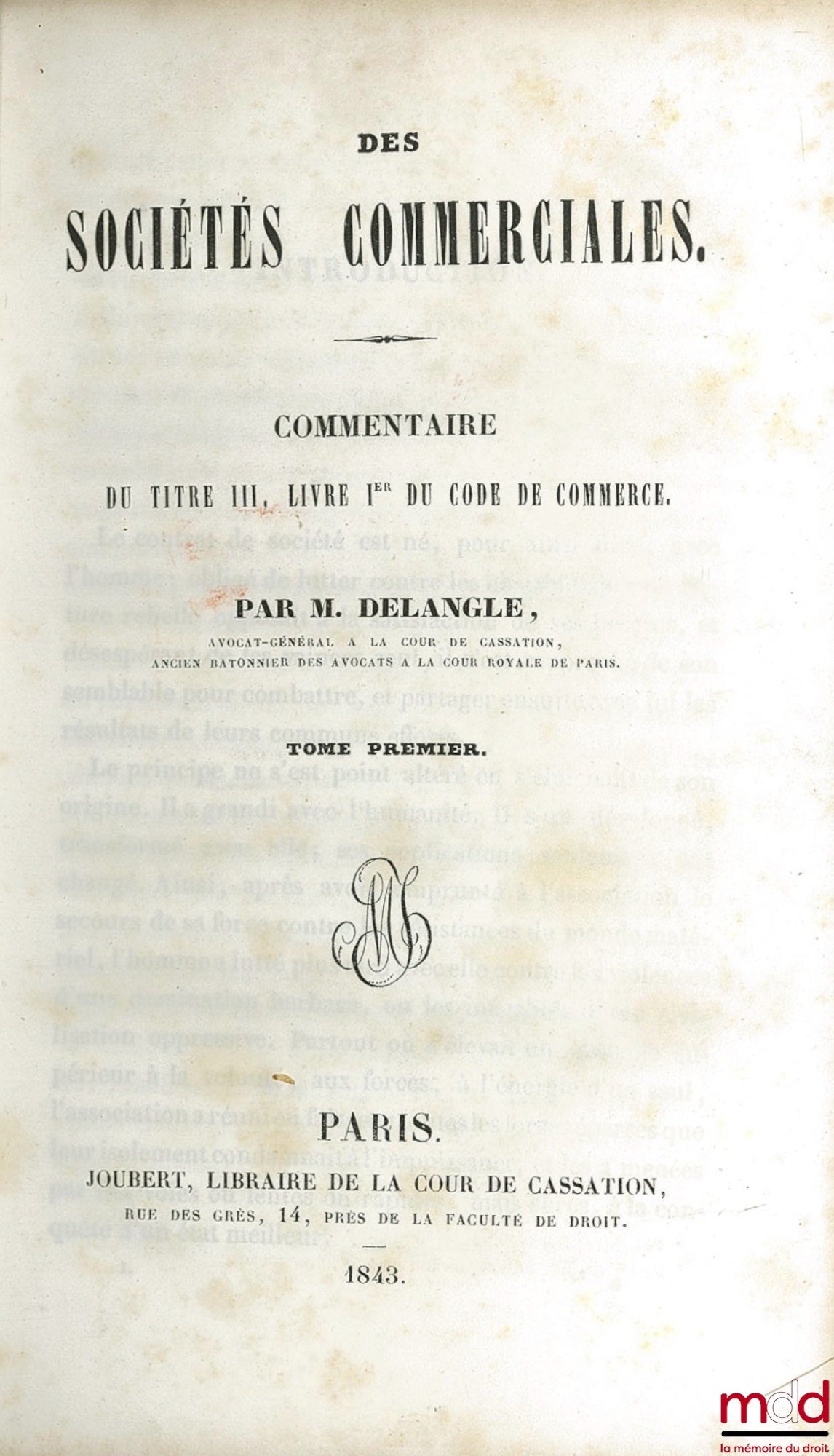 DELANGLE (Claude-Alphonse) – COMMERCIAL COMPANIES, COMMENTARY ON TITLE III, BOOK 1 OF THE COMMERCIAL CODE