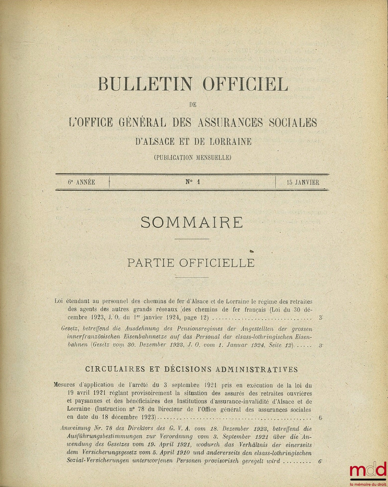 BULLETIN OFFICIEL DES ASSURANCES SOCIALES ALSACE (mensuel). 6ème année n° 1 (15 janvier 1924) à n° 12 (15 décembre 1924.