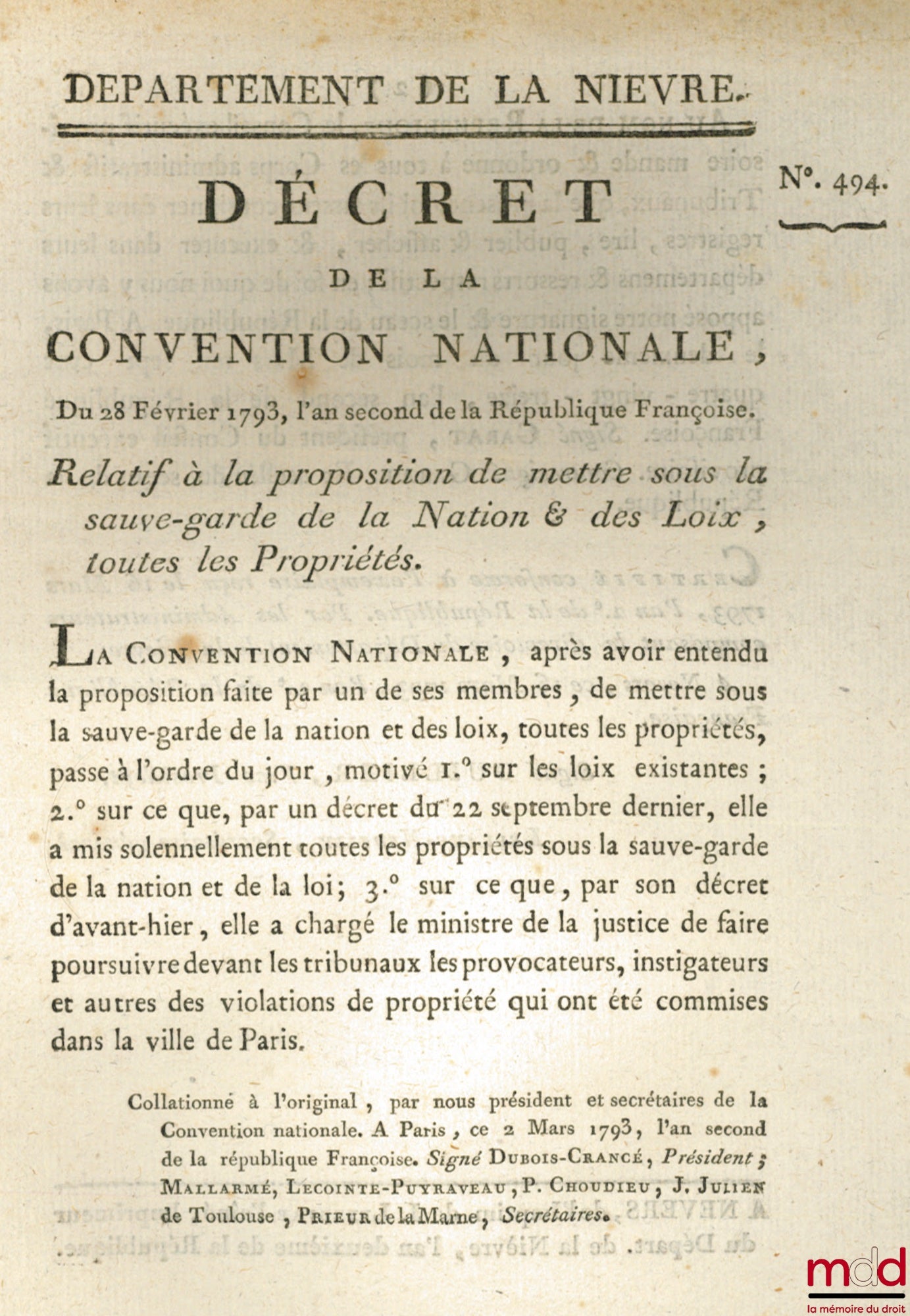 [Propriété] – Décret de la Convention nationale, du 28 février 1793, l’an second de la république Française. RELATIF À LA PROPOSITION DE METTRE SOUS LA SAUVE-GARDE DE LA NATION & DES LOIX, TOUTES LES PROPRIÉTÉS. Signé Garat. Département de la Nièvre, bull