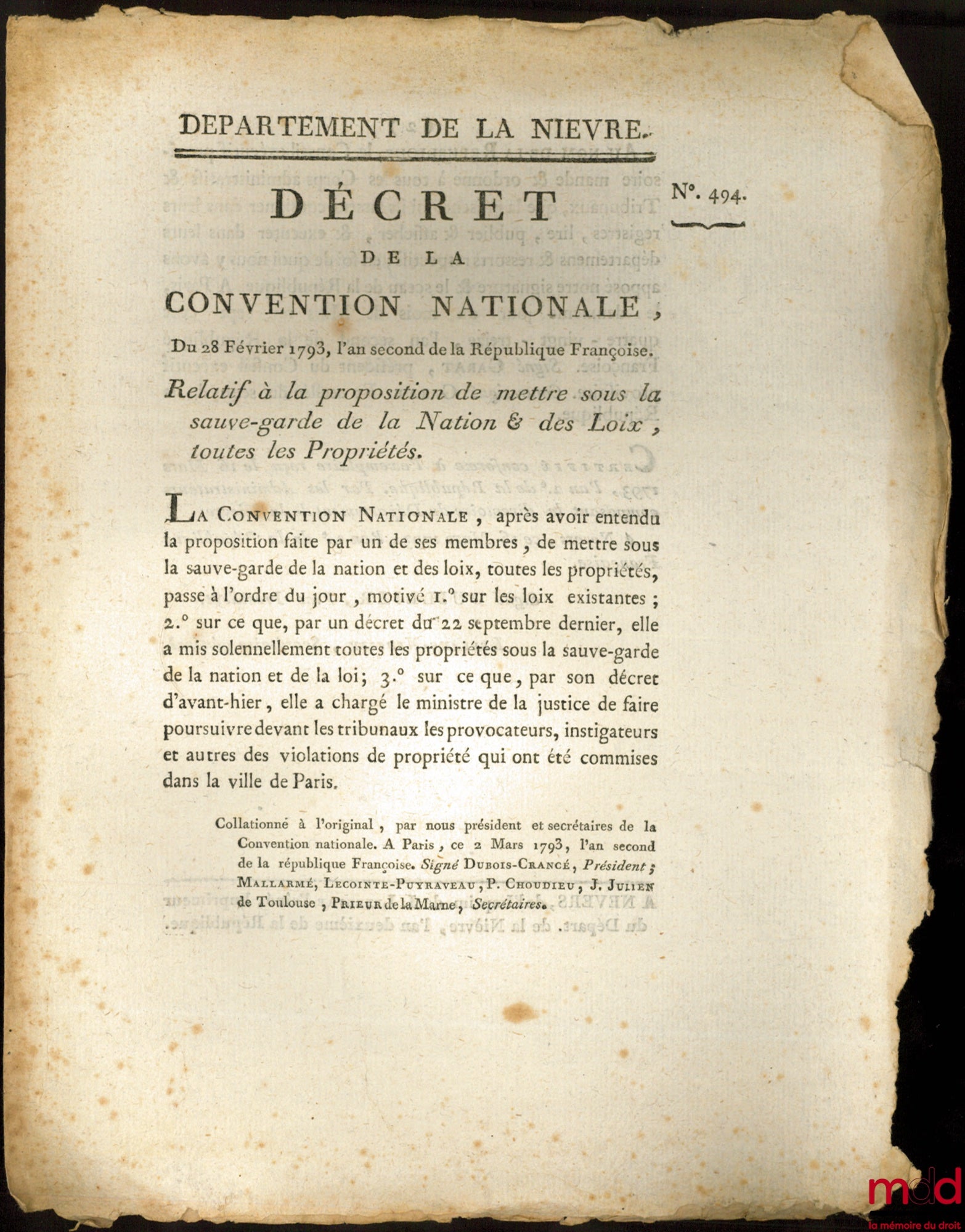 [Propriété] – Décret de la Convention nationale, du 28 février 1793, l’an second de la république Française. RELATIF À LA PROPOSITION DE METTRE SOUS LA SAUVE-GARDE DE LA NATION & DES LOIX, TOUTES LES PROPRIÉTÉS. Signé Garat. Département de la Nièvre, bull