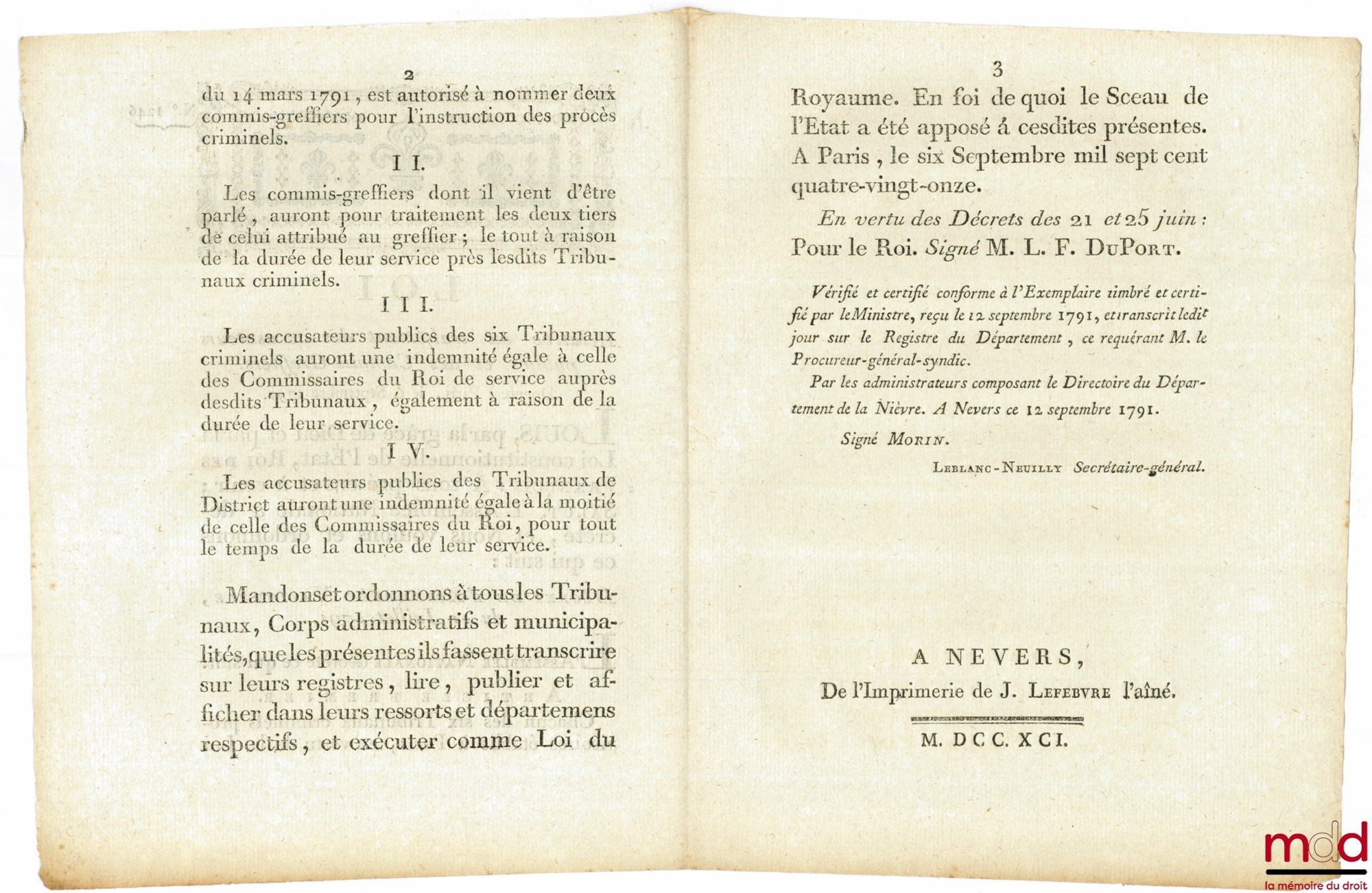 [Organisation judiciaire] – Loi RELATIVE AU TRAITEMENT DES ACCUSATEURS PUBLICS ET DES COMMIS-GREFFIERS. Donnée à Paris, le 6 Septembre 1791. Signé Louis M. L. F. Duport. Département de la Nièvre, bull. n° 1246