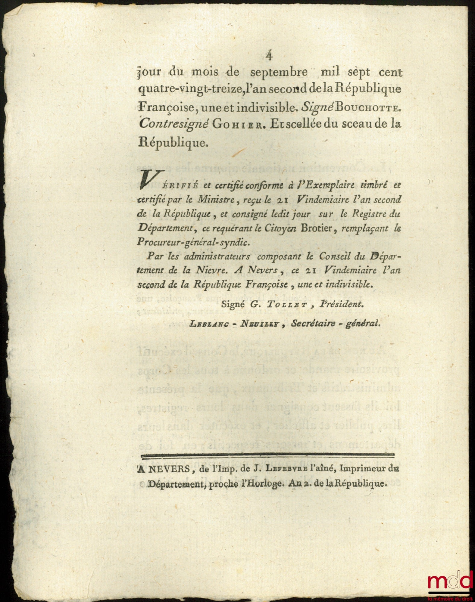 Decree of the National Convention, September 14, 1793, the second year of the French Republic, one and indivisible. Authorizing notaries, clerks, and bailiffs to appraise and sell furniture, and to fix the price of sales. Signed Bouchotte