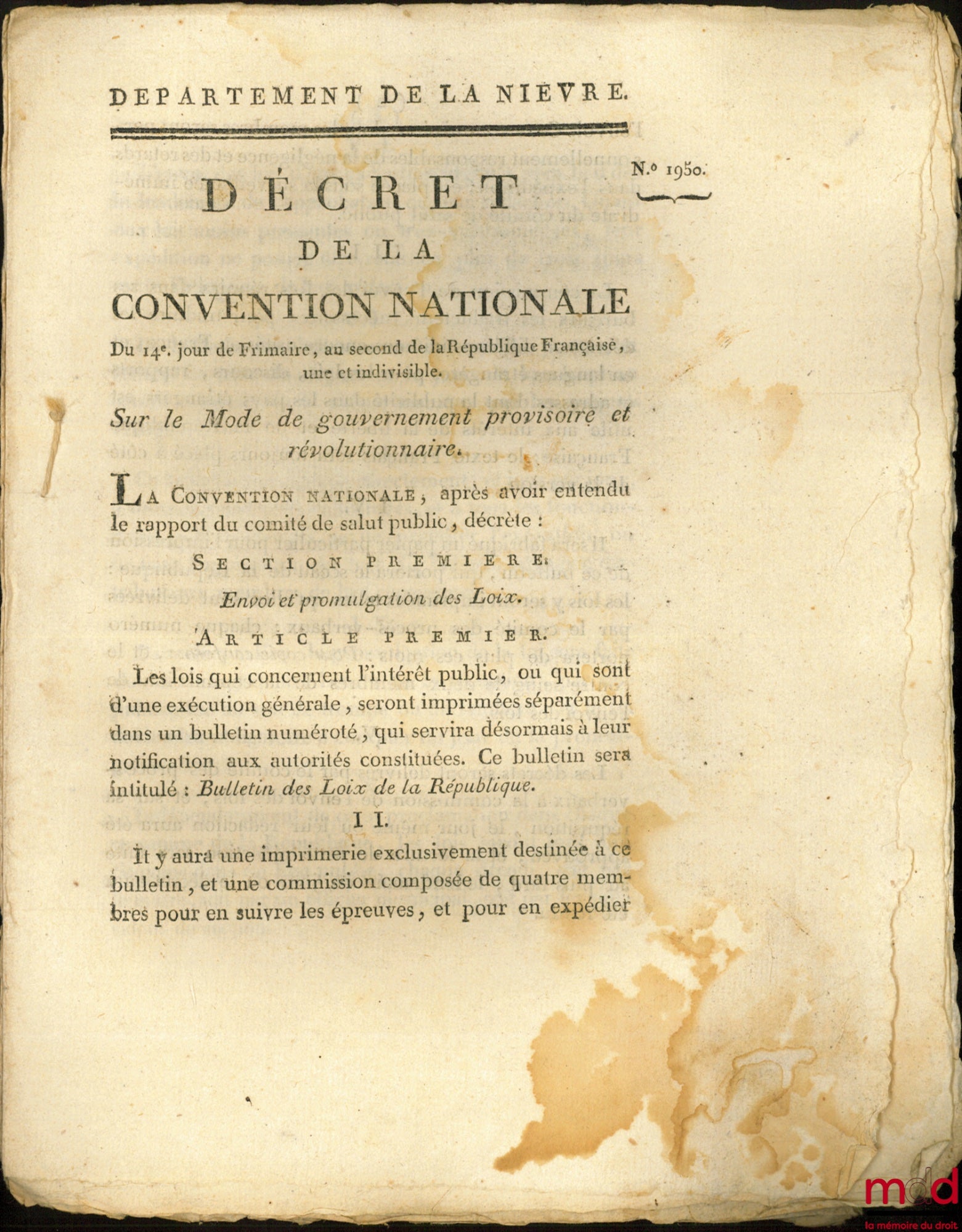 Decree of the National Convention, dated the 14th day of Frimaire, year II of the French Republic, one and indivisible, on the provisional and revolutionary form of government. Signed Destournelles. Department of Nièvre, bulletin no. 1950