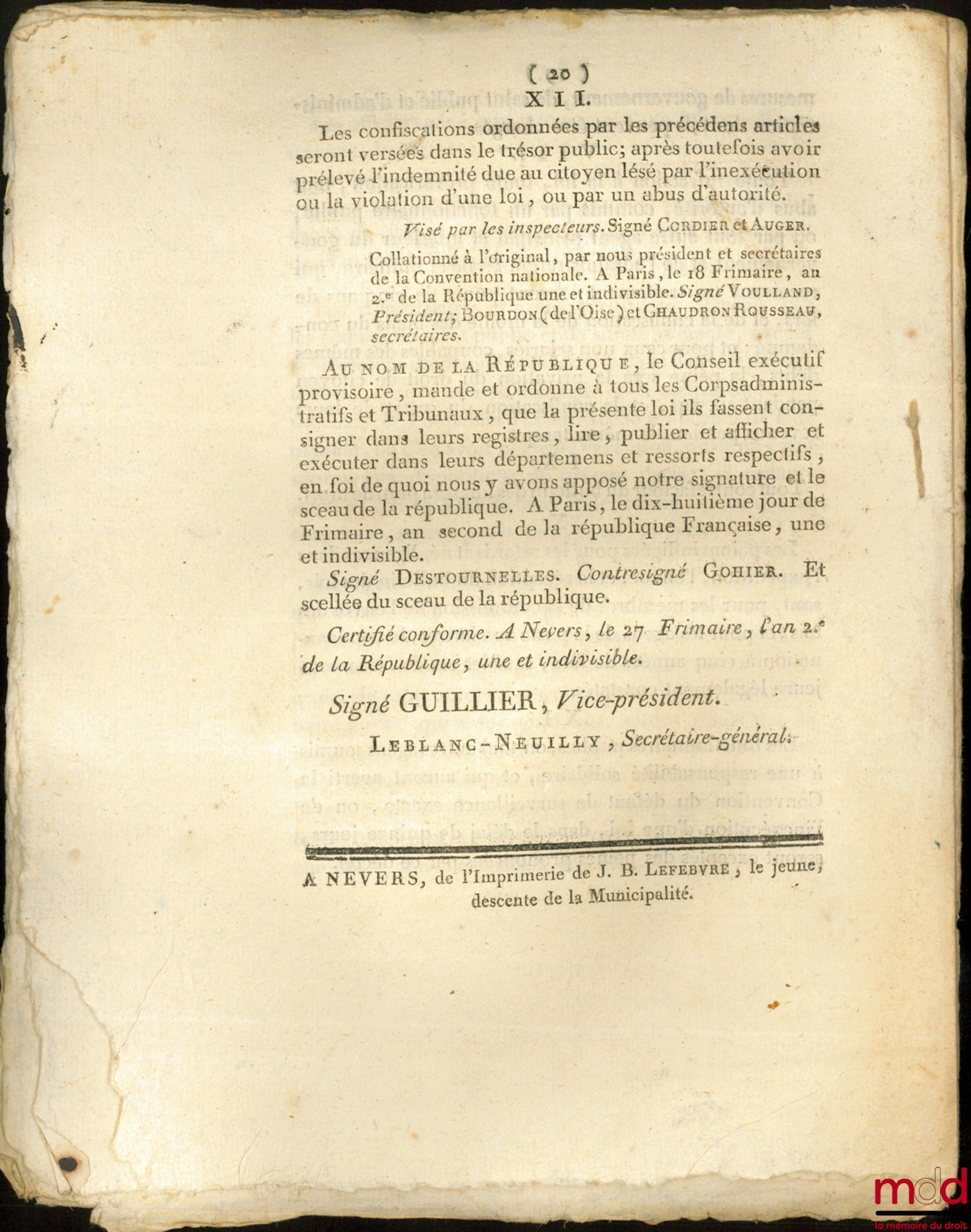 Decree of the National Convention, dated the 14th day of Frimaire, year II of the French Republic, one and indivisible, on the provisional and revolutionary form of government. Signed Destournelles. Department of Nièvre, bulletin no. 1950
