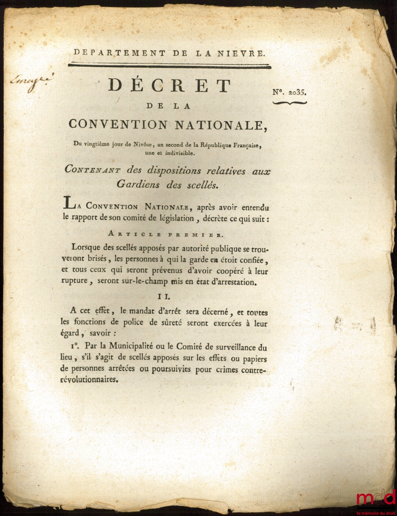 [Organisation judiciaire] – Décret de la Convention nationale, du 20ème jour de Nivôse , an second de la République Française, une et indivisible, Contenant des disposition relatives aux Gardiens des scellés. Signé Gohier. Département de la Nièvre, bull.